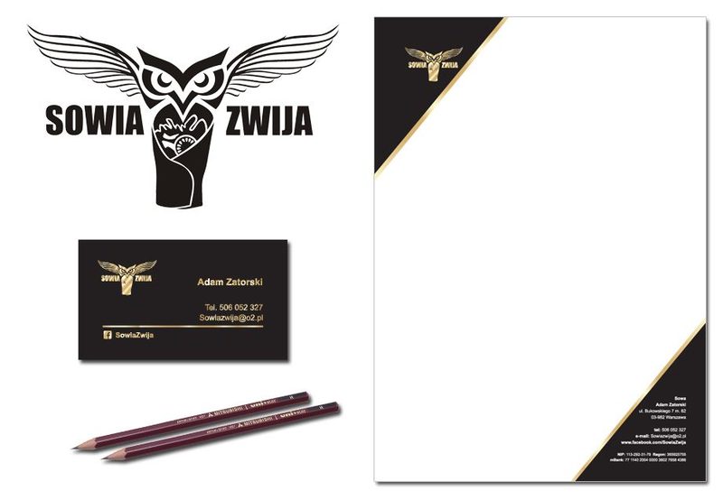 Logo Sowia Zwija z wizytówką i papierem firmowym