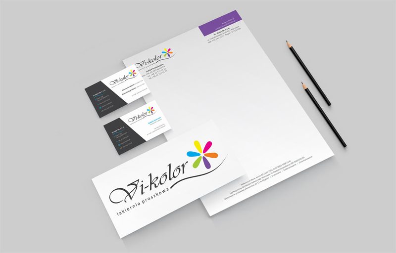 Logo i druki firmowe lakierni proszkowej Vi-kolor: papier firmowy i wizytówki